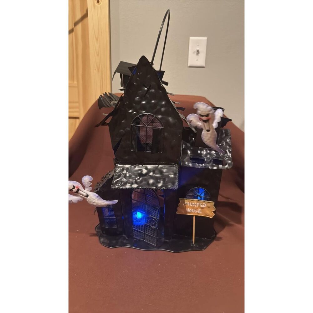 Halloween Metal Black House with Bats has tea Lights changes Color
